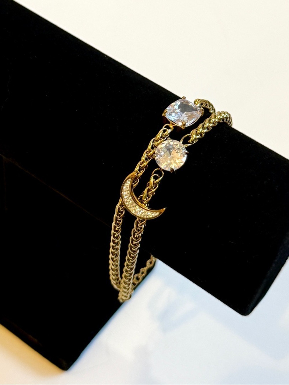 Gold Celestial Crescent Moon Crystal Double Chain Bracelet NWT - Picture 5 of 8